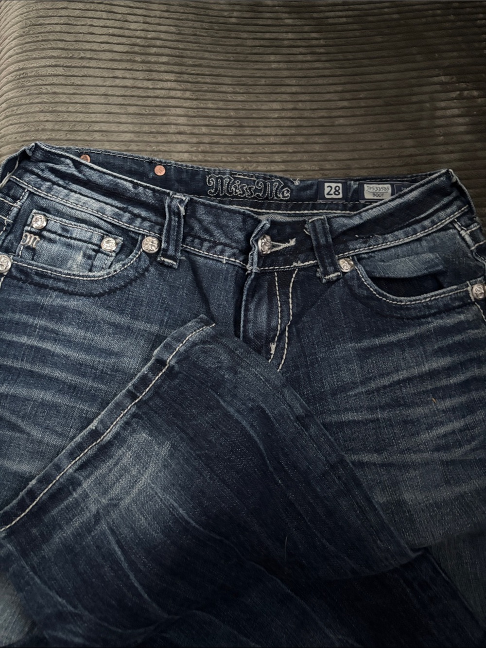 Miss Me Dark Blue Denim Jeans with White Silver Embroidered Pockets